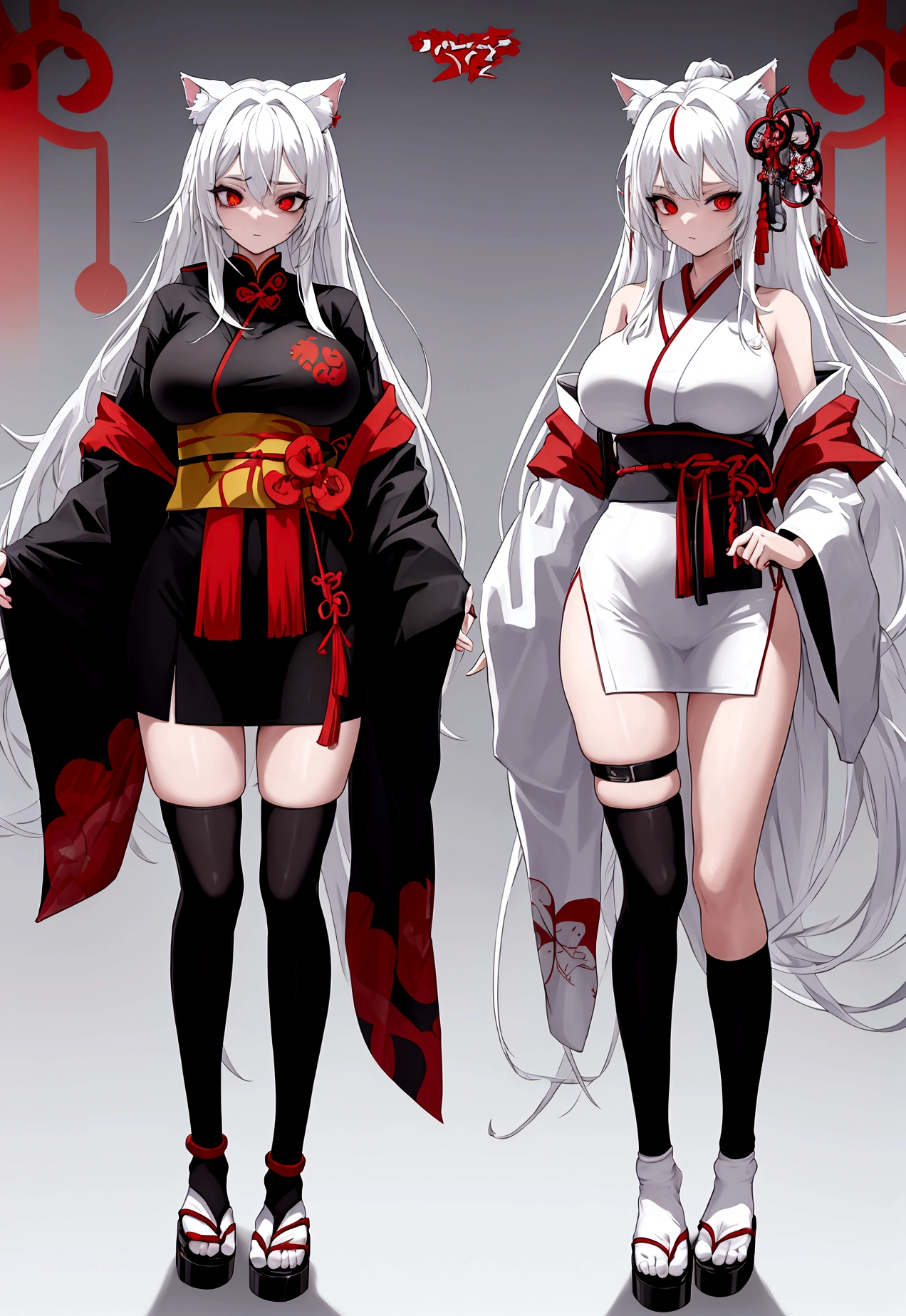 Make a full body character with 2D graphics based on current anime 4k-8k The character is 22 years old. Mature body with big breasts and curves. Eyes red, white cat ears, long white hair down to the ankles. Cat's furry tail. The outfit is a mix of traditional Japanese kimono, Qipao chines stylized in a cyberpunk way. The colors of the clothes are predominantly white with details of blood red and gold.. With sock 3/4 black and white, sandalhas ninja estilo cyberpunk.