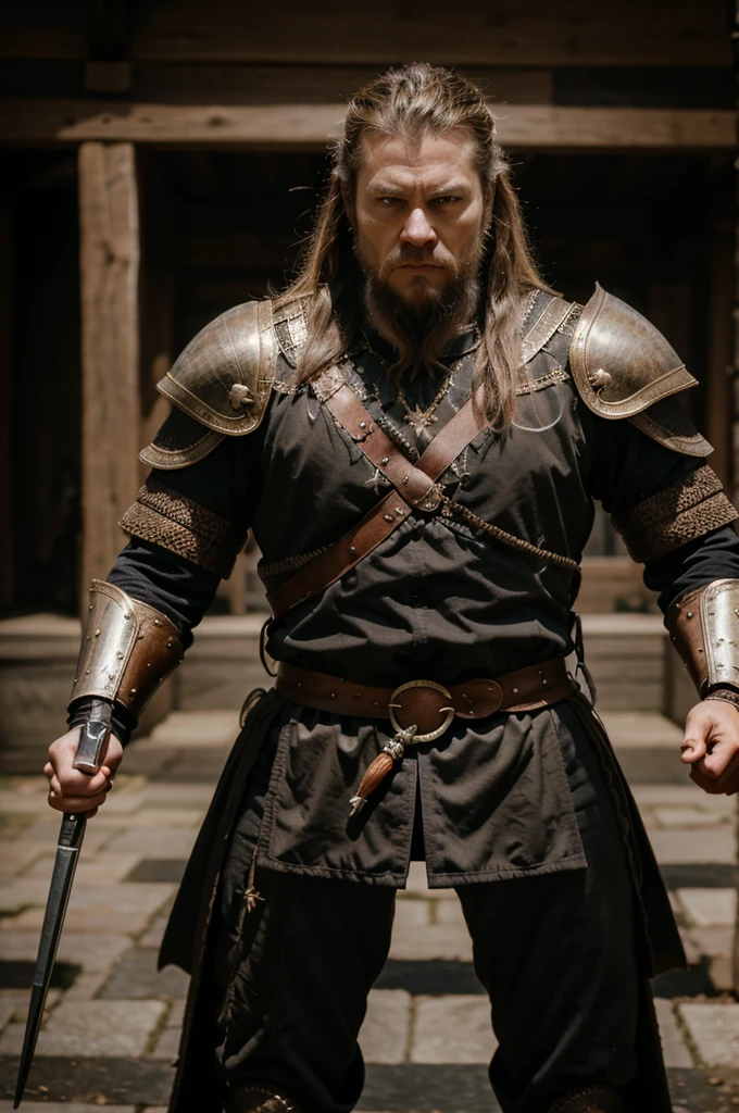 An 18th-century gentleman, an expensive court suit, an epic scene featuring a Viking-inspired man wearing highly detailed armor made of dragon bone, Zoom in on the fine details and capture the military stakes, armor, and general weather conditions, the imposing presence of the Vikings amidst the natural dominion, Imagine the Vikings In a strong stance, looking intently forward, with eyes focused on the camera, angry features with strong focus, An 18th-century oil painting style.