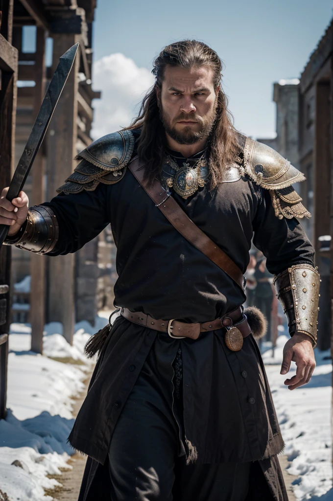 An 18th-century gentleman, an expensive court suit, an epic scene featuring a Viking-inspired man wearing highly detailed armor made of dragon bone, Zoom in on the fine details and capture the military stakes, armor, and general weather conditions, the imposing presence of the Vikings amidst the natural dominion, Imagine the Vikings In a strong stance, looking intently forward, with eyes focused on the camera, angry features with strong focus, An 18th-century oil painting style.