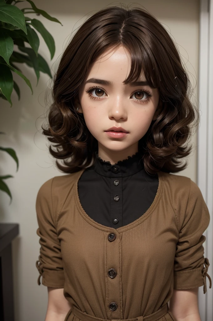 blythe Doll femenina, with very short curly light brown hair, slanted and black eyes, BROWN SKIN 