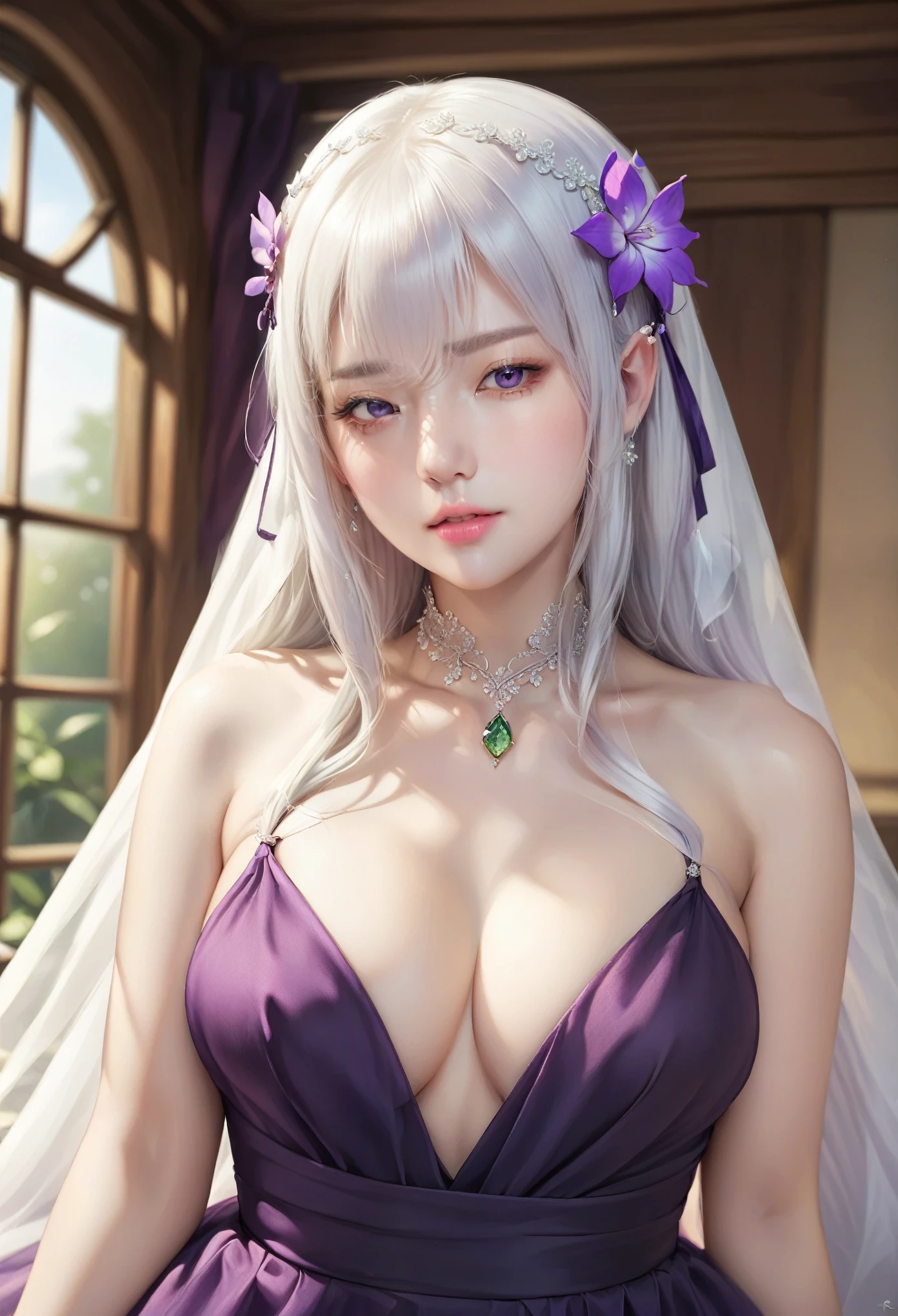 animetoreal,soft light, masterpiece, best quality,high quality,delicate face, realistic,photorealistic,1girl,
, masterpiece, best quality, very aesthetic, absurdres, newest,1girl, ,emilia_(re:zero), re:zero_kara_hajimeru_isekai_seikatsu,1girl,  elf, pointy_ears, white_hair, long_hair, purple_eyes, hair_flower, dress,flower, gem, green_gemstone, hair_ornament, hair_ribbon, purple_ribbon, bare_shoulders,beside window