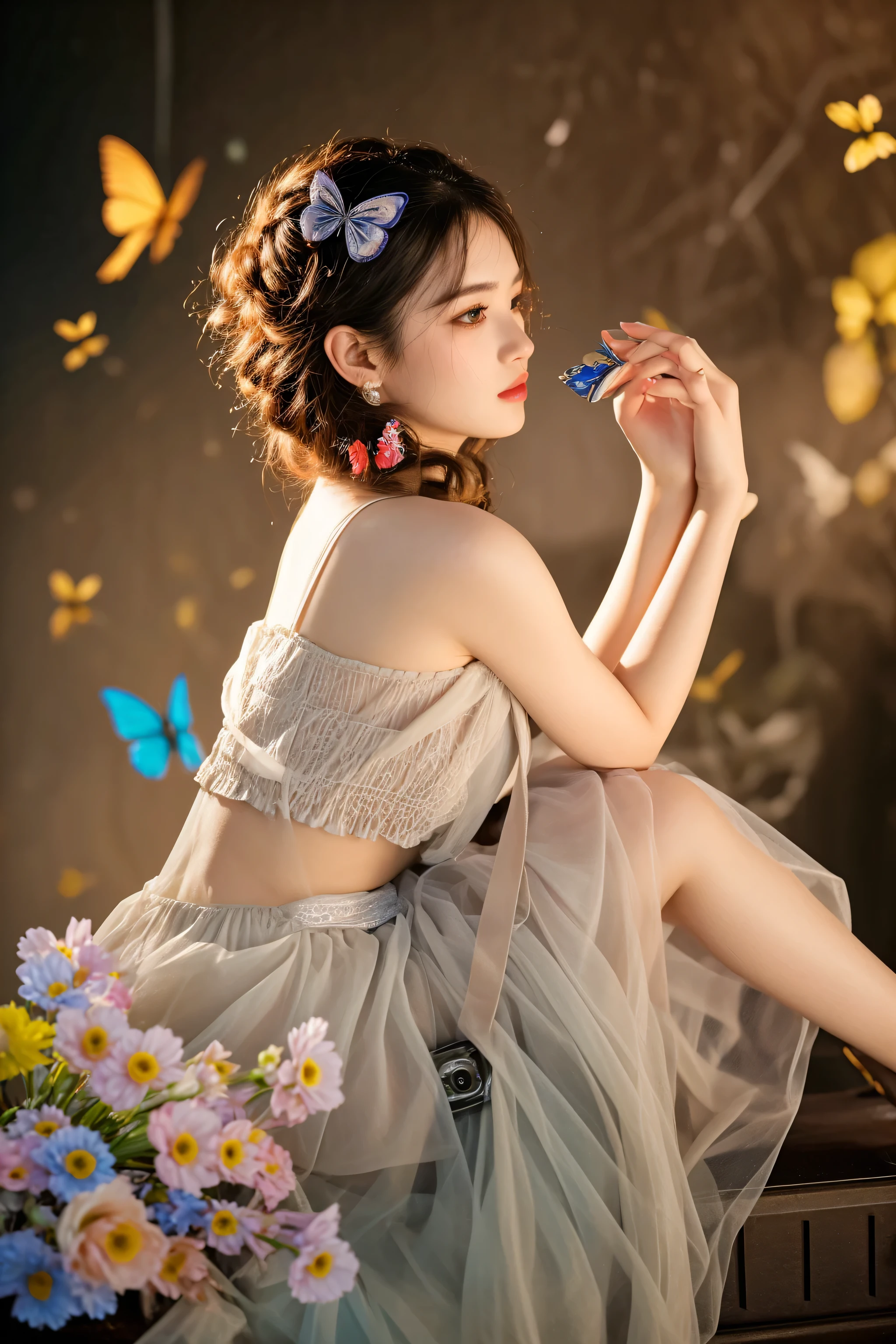 there is a woman sitting on a suitcase with a bunch of flowers, fantasy photoshoot, fine art fashion photography, 8k artistic portrait photography, fashion photograhy, modeling photography, portrait shot, fashion photography, beautiful adult fairy, fanart, a stunning young ethereal figure, fashion shoot 8k, photo taken with nikon d750, photo taken with nikon d 7 5 0
