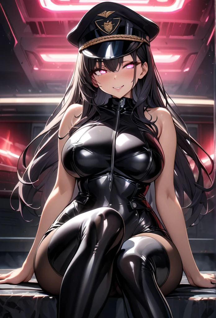 masterpiece, best quality, 1lady,black hair,long hair,glowing eyes, (finely detailed empty pupils and detailed face),,,,extremely detailed picture unity 8k wallpaper,solo,(latex military costume:0.9),large breasts,seductive smile,military hat,latex thighhigh,large breasts,black hair,pink eyes,black leotard,pantyhose,no sleeve,enamel suits,grossy lips,sitting,bust shot,sadistic smile,,heel,