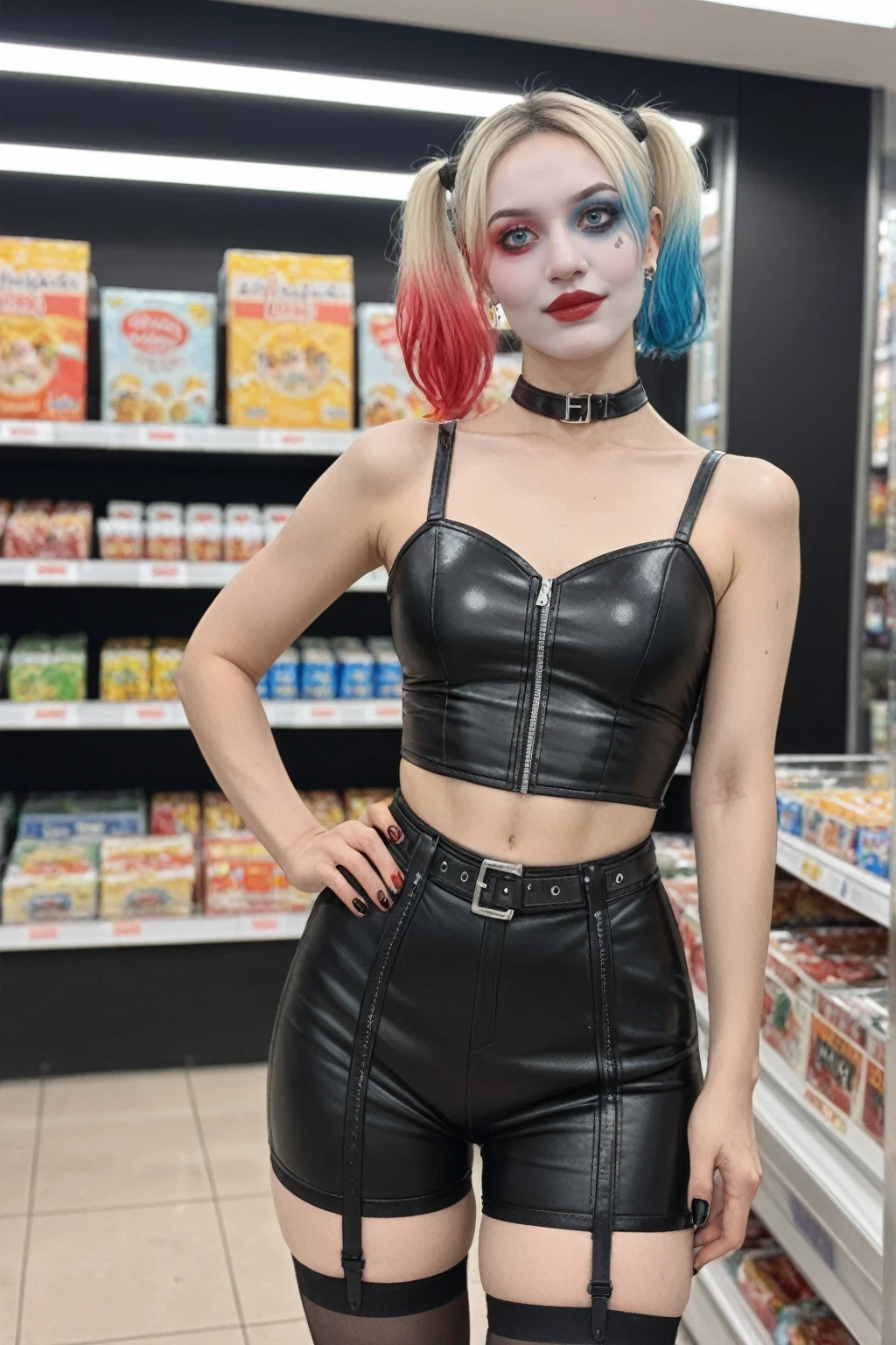 score_9, score_8_up, score_7_up, BREAK,
 a woman in a leather outfit posing in a store, cyberpunk art, inspired by Earle Bergey, lowbrow, garter belt, portrait of cute goth girl, stood in a supermarket, hyperrealistic photo luis royo, die antwoord style wear, bottom angle, taken in 2 0 2 0, aeon flux, harley quinn, aleksandra waliszewska