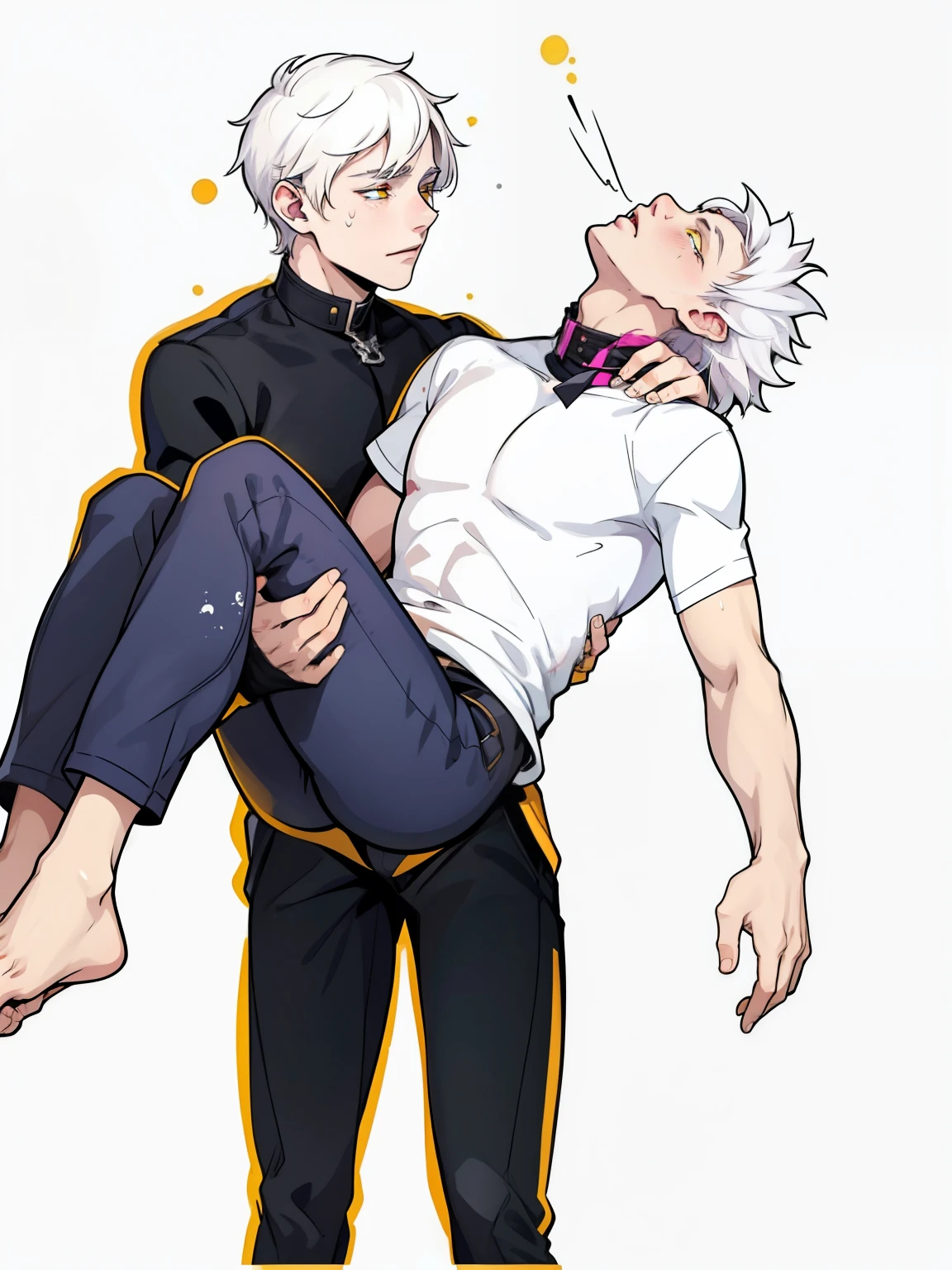 The young man is 18 years old, white hair, yellow eyes, he is crying and the dead boy has pink hair and his eyes are closed.