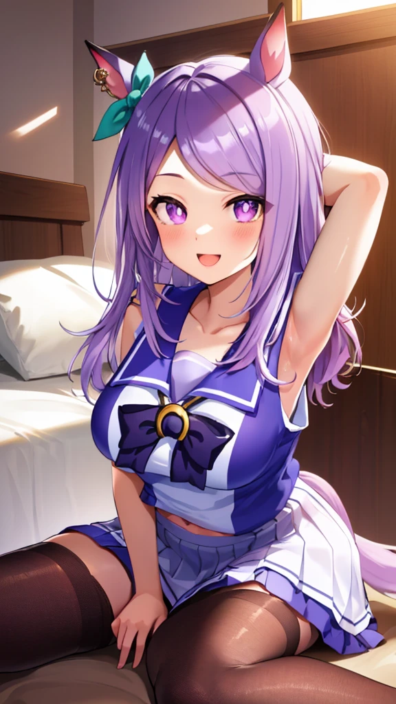 ((8K, Best Quality, masterpiece, Highly detailed)),{{{NSFW}}},Semi-realistic illustrations,Mejiro McQueen \(umamusume\),{1 girl,beautiful girl,cute,smile,kawaii, lovely,blushing,playful expression},sharp focus,oily skin,beautiful detailed hair,glossy hair,(wear school uniform:1.5),(two nipples slip from school uniform:1.2)(NSFW),erection-of-nipples,(lying on the bed:1.2),wear long school skirt,perfect two legs,(spread two legs:1.2),(show-off-white-panties:1.3),five fingers,large breaths,wear black pantyhose,beautiful detailed eyes,jewel like eyes,violet eyes, (two hands behind head:1.1),open mouth,armpits, solo,beautiful navel,  looking at viewer,collarbone,earring