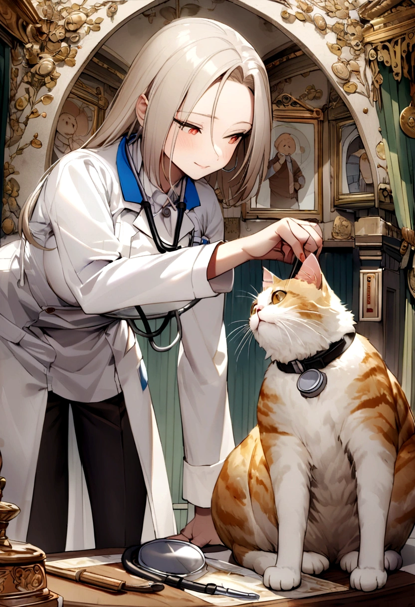 A cat dressed as a veterinarian with a stethoscope examining another cat. com fundo branco