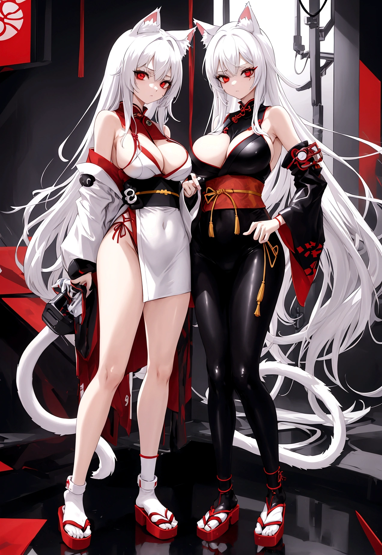 Make a full body character with 2D graphics based on current anime 4k-8k The character is 22 years old. Mature body with big breasts and curves. Eyes red, white cat ears, long white hair down to the ankles. Cat&#39;s furry tail. The outfit is a mix of traditional Japanese kimono, Qipao chines stylized in a cyberpunk way. The colors of the clothes are predominantly white with details of blood red and gold.. With sock 3/4 black and white, sandalhas ninja estilo cyberpunk.