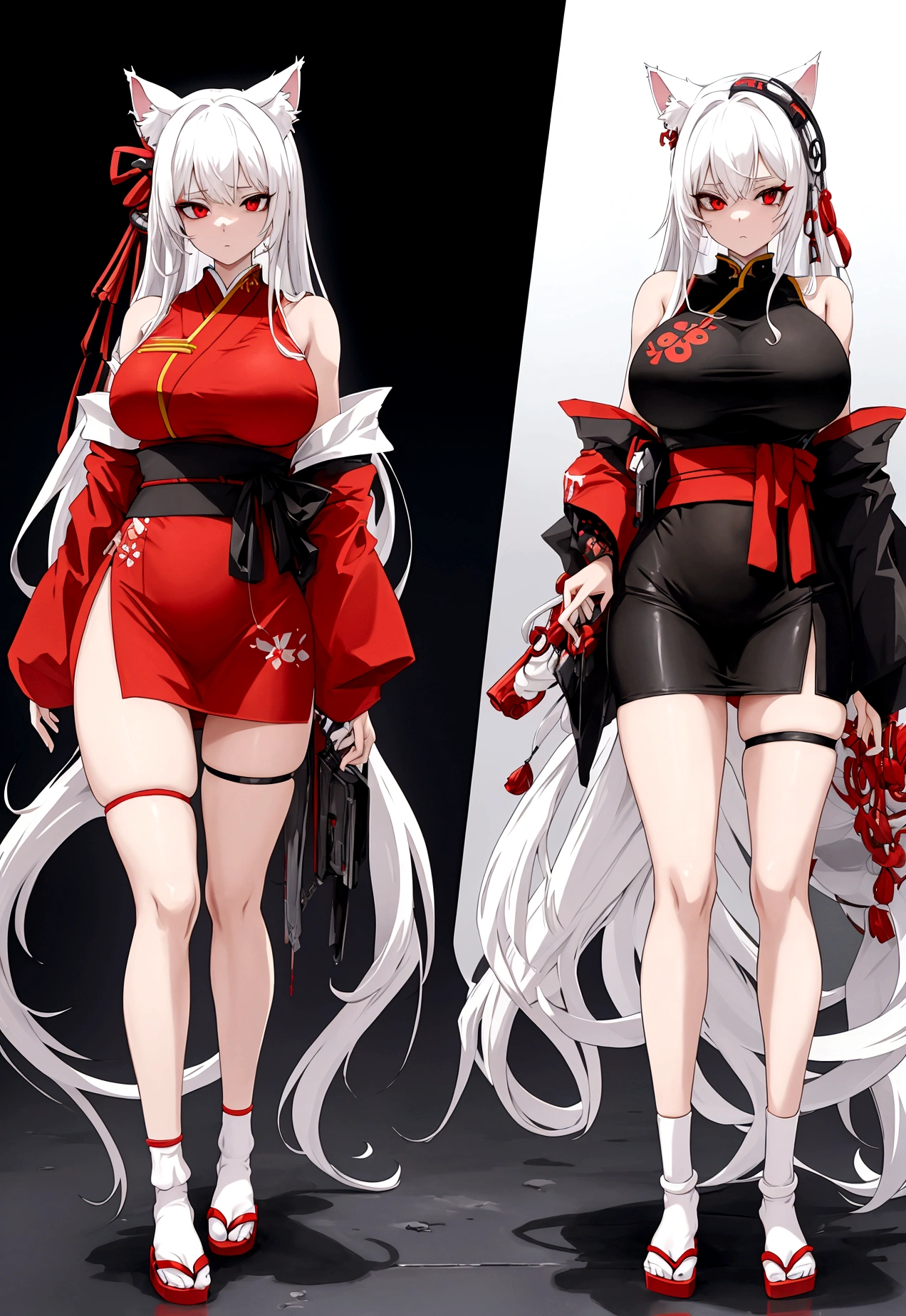 Make a full body character with 2D graphics based on current anime 4k-8k The character is 22 years old. Mature body with big breasts and curves. Eyes red, white cat ears, long white hair down to the ankles. Cat's furry tail. The outfit is a mix of traditional Japanese kimono, Qipao chines stylized in a cyberpunk way. The colors of the clothes are predominantly white with details of blood red and gold.. With sock 3/4 black and white, sandalhas ninja estilo cyberpunk.