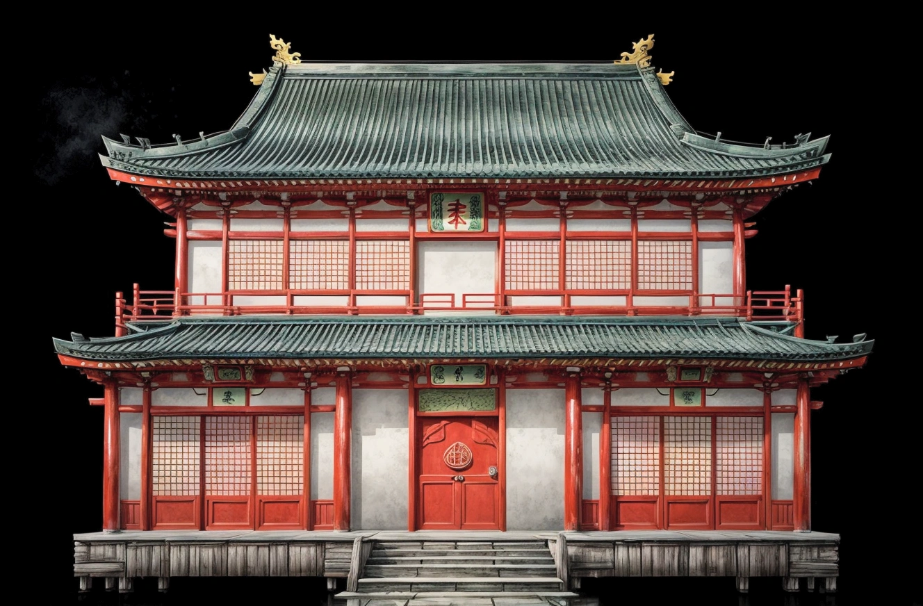 illustration of a traditional chinese house with a red door and a green roof, japanese house, digital painting of a pagoda, chinese building, temple background, zen temple background, japanese temple, an extremely detailed building, inspired by Shūbun Tenshō, artwork in the style of z.w. gu, background depicting a temple, korean traditional palace