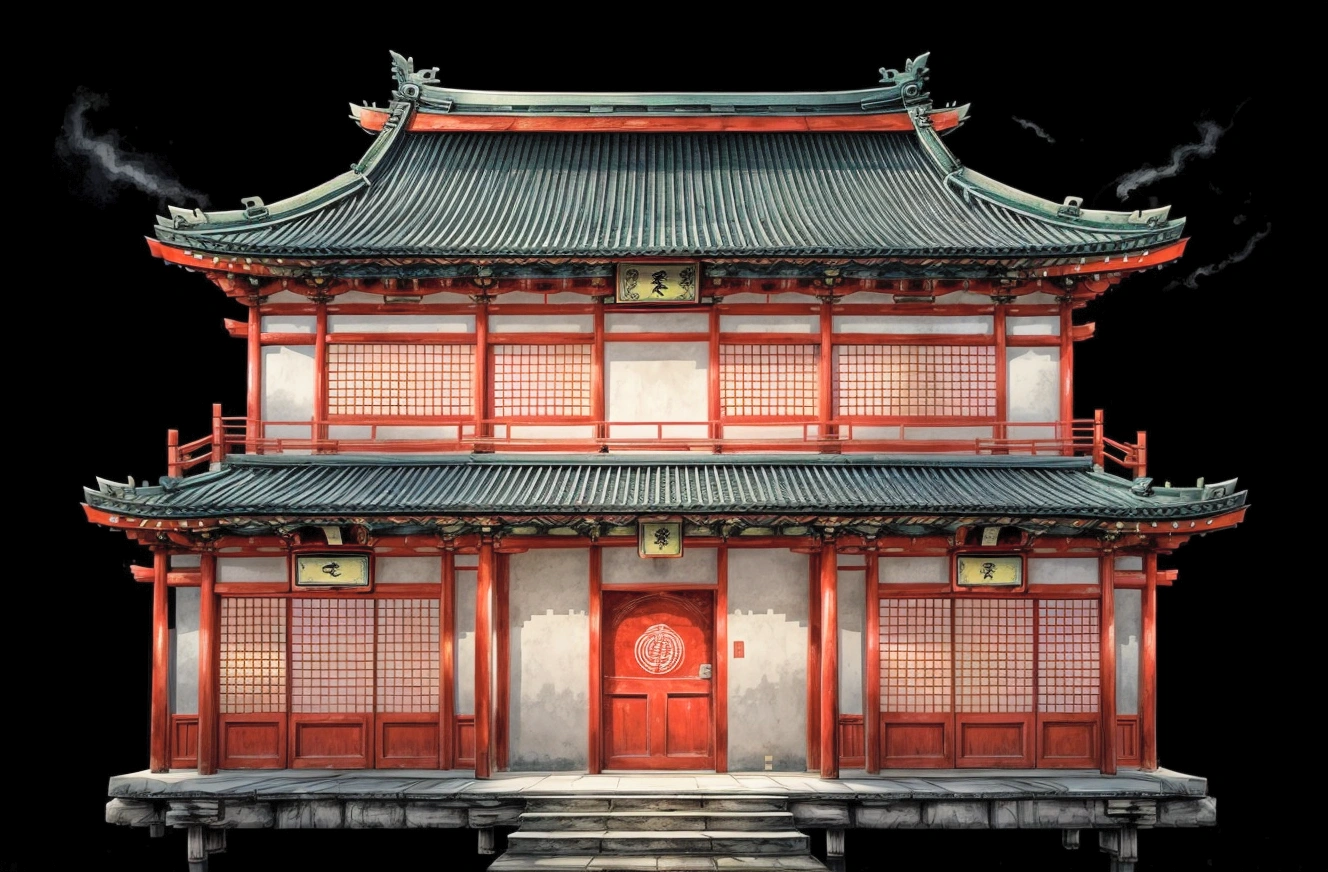 illustration of a traditional chinese house with a red door and a green roof, japanese house, digital painting of a pagoda, chinese building, temple background, zen temple background, japanese temple, an extremely detailed building, inspired by Shūbun Tenshō, artwork in the style of z.w. gu, background depicting a temple, korean traditional palace