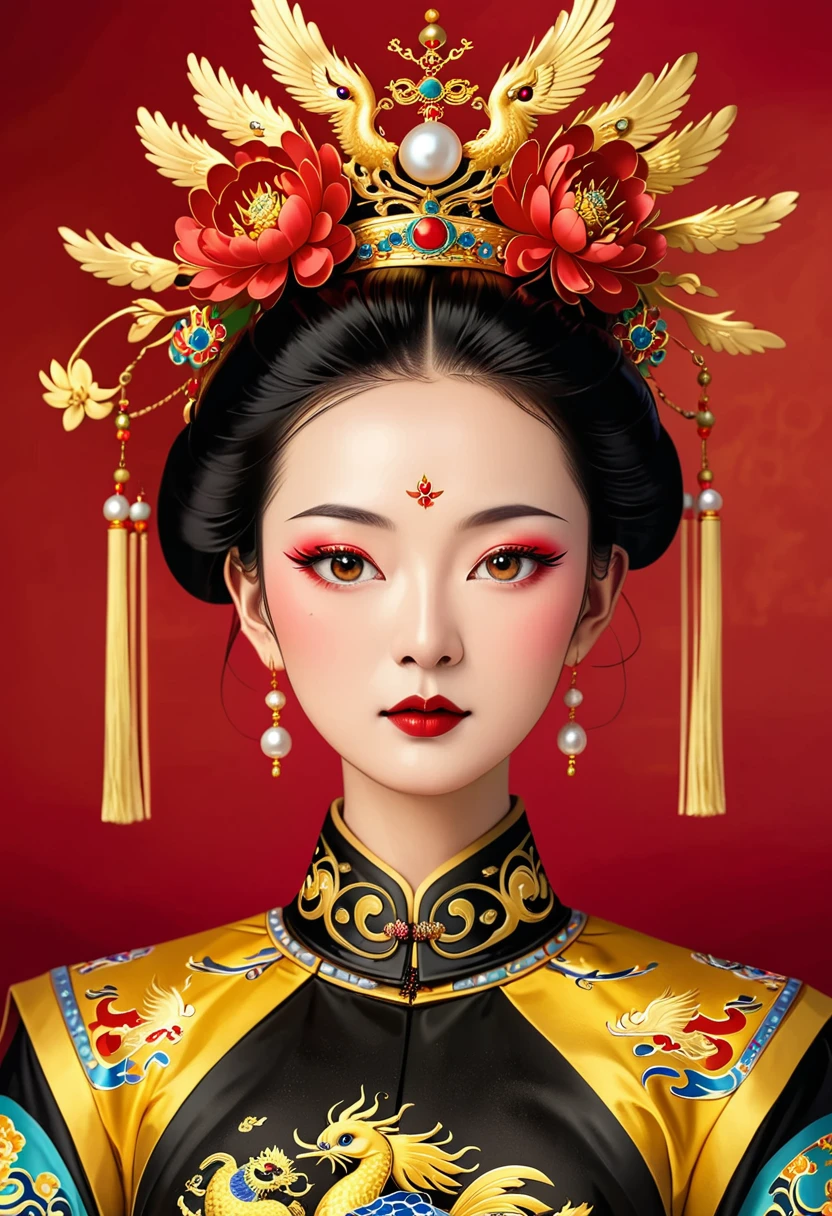 Solemn girl portrait，symmetry，Round Face，Bright Eyes，Smooth skin，Red peony headdress，Elegant and luxurious，Wealth，Gorgeous black and gold costumes，Chinese Qing Dynasty flag costumes,Selfish,Chinese Emperor，High bun，Gorgeous golden crown，tassel，palace，Clean background，(((Wu Zetian，Empress，Exaggerated high crown and phoenix crown，)))，Pearl tassels，Pearl Makeup，Red background