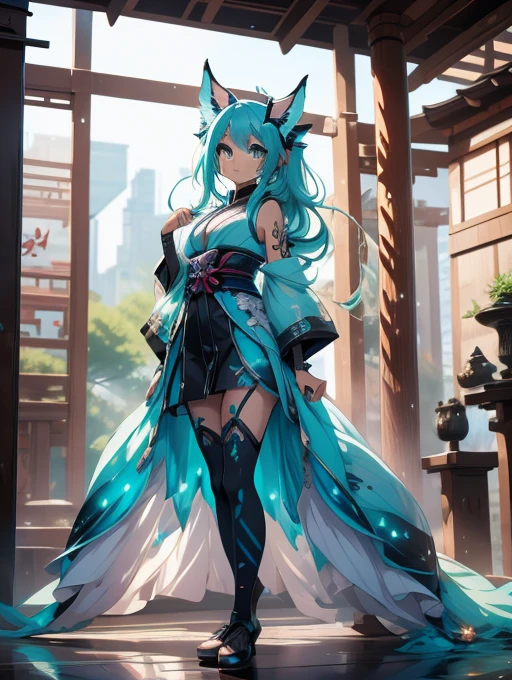 Miku Hatsune x vixen high definition add_detail:1, blue fur,kitsune ears, tribal tattoo add_detail:1, pretty girl add_detail:1, feudal priestess clothing add_detail:1, japanese shrine landscape add_detail:1, japanese shrine costume add_detail:1, add_detail:1, full body add_detail, highly detailed face, deep aqua iris add_detail:1