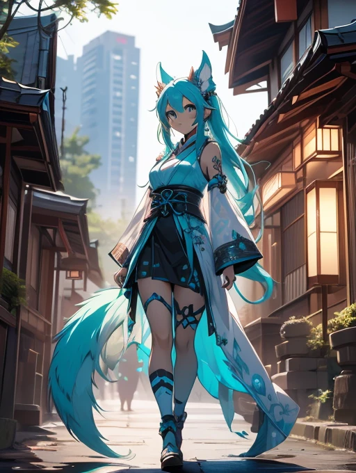 Miku Hatsune x vixen high definition add_detail:1, blue fur,kitsune ears, tribal tattoo add_detail:1, pretty girl add_detail:1, feudal priestess clothing add_detail:1, japanese shrine landscape add_detail:1, japanese shrine costume add_detail:1, add_detail:1, full body add_detail, highly detailed face, deep aqua iris add_detail:1
