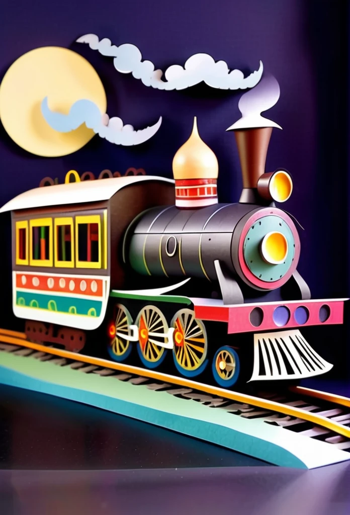 Tribal Art.
A fantastic vehicle that combines a steam locomotive and a tram. Delicate paper art. Three-dimensional. Colorful, delicate and beautiful curves. Wonderful. Night sky. Stars. Moon. Flowers. A world of fantasy.
Railroad tracks floating in the night sky.
Old American steam locomotive.
There is one chimney.