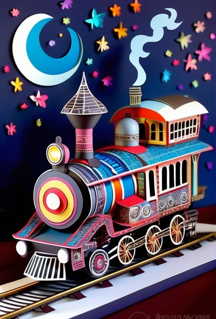 Tribal Art.
A fantastic vehicle that combines a steam locomotive and a tram. Delicate paper art. Three-dimensional. Colorful, delicate and beautiful curves. Wonderful. Night sky. Stars. Moon. Flowers. A world of fantasy.
Railroad tracks floating in the night sky.
Old American steam locomotive.
There is one chimney.