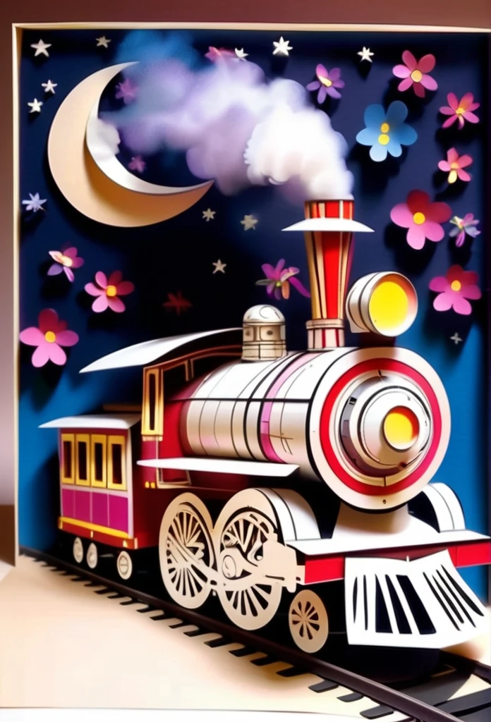 Tribal Art.
A fantastic vehicle that combines a steam locomotive and a tram. Delicate paper art. Three-dimensional. Colorful, delicate and beautiful curves. Wonderful. Night sky. Stars. Moon. Flowers. A world of fantasy.
Railroad tracks floating in the night sky.
Old American steam locomotive.
There is one chimney.