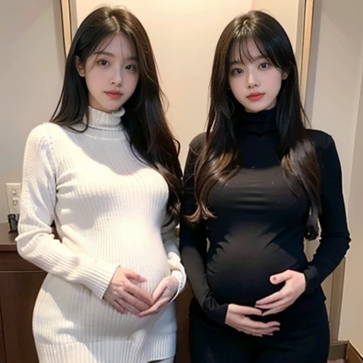 2 women,Mom and mother-in-law,35 years old,人妻 怀pregnant woman,pregnant,pregnant,怀着双胞胎的pregnant with twins,10 months pregnant,Pretty Face,Sexy body,Long hair,Wearing a black turtleneck sweater