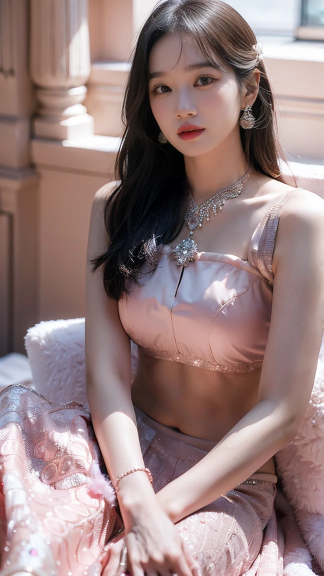 (best quality, ultra-detailed, realistic:1.37), professional, beautiful detailed eyes, beautiful detailed lips, detailed facial features, natural skin tones, perfect skin texture, delicate facial expressions, image in high resolution, realistic face, realistic skin, plain face, natural smile, highly detailed hair, 20 years, (chaewon), radiates Pink bridal glamour in an exquisite Lehenga Choli adorned with intricate embroidery and ornate jewelry. The high-resolution image captures ultra-detailed realism, highlighting Kiran's captivating eyes, expressive lips, and graceful facial features, enhancing her bridal beauty. The soft lighting and floral decorations create a visually stunning representation of traditional Indian weddings and the joyous celebration of love, Beautiful background.