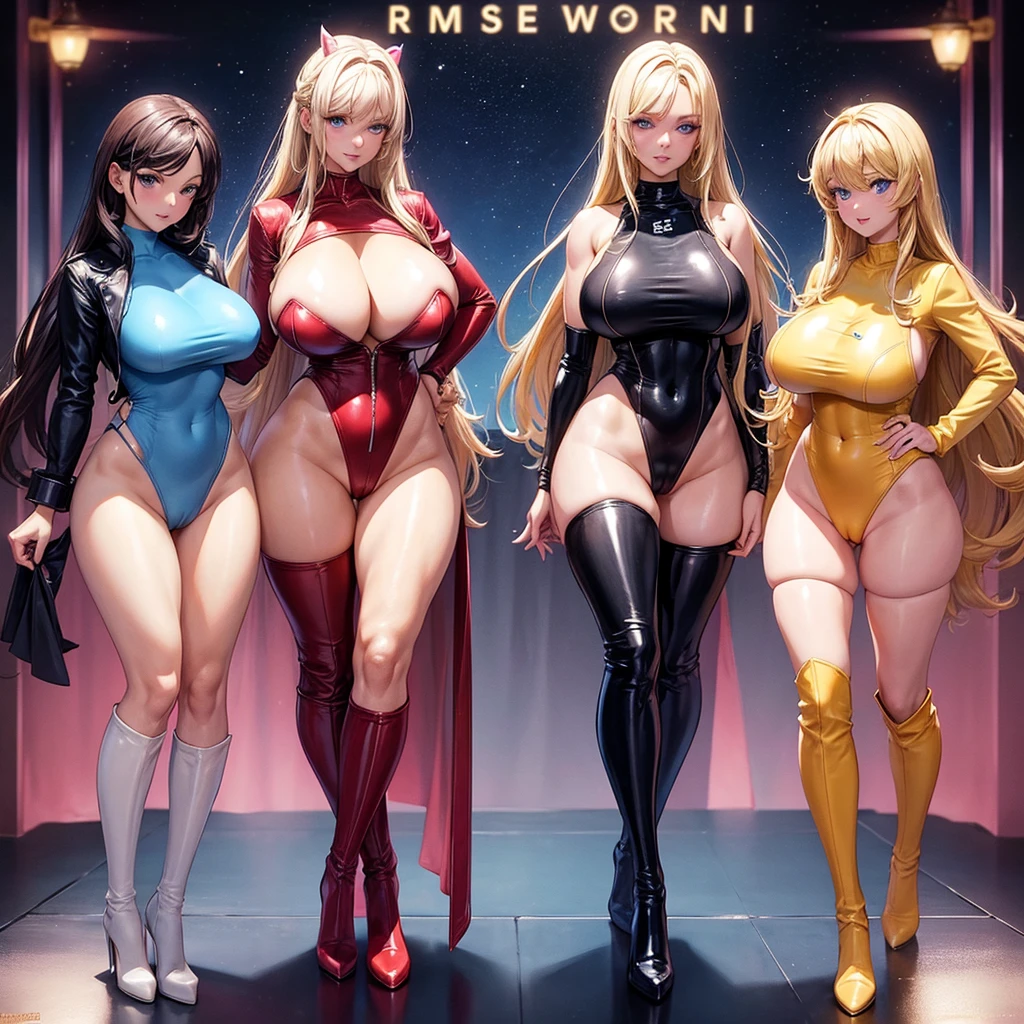 3 sexy pornstars girls, Long sleeve one piece swimsuit, over the knee boots with high heels, wide hips, big ass, enormus breast, blonde hair, blue eyes, big cameltoe pussy,