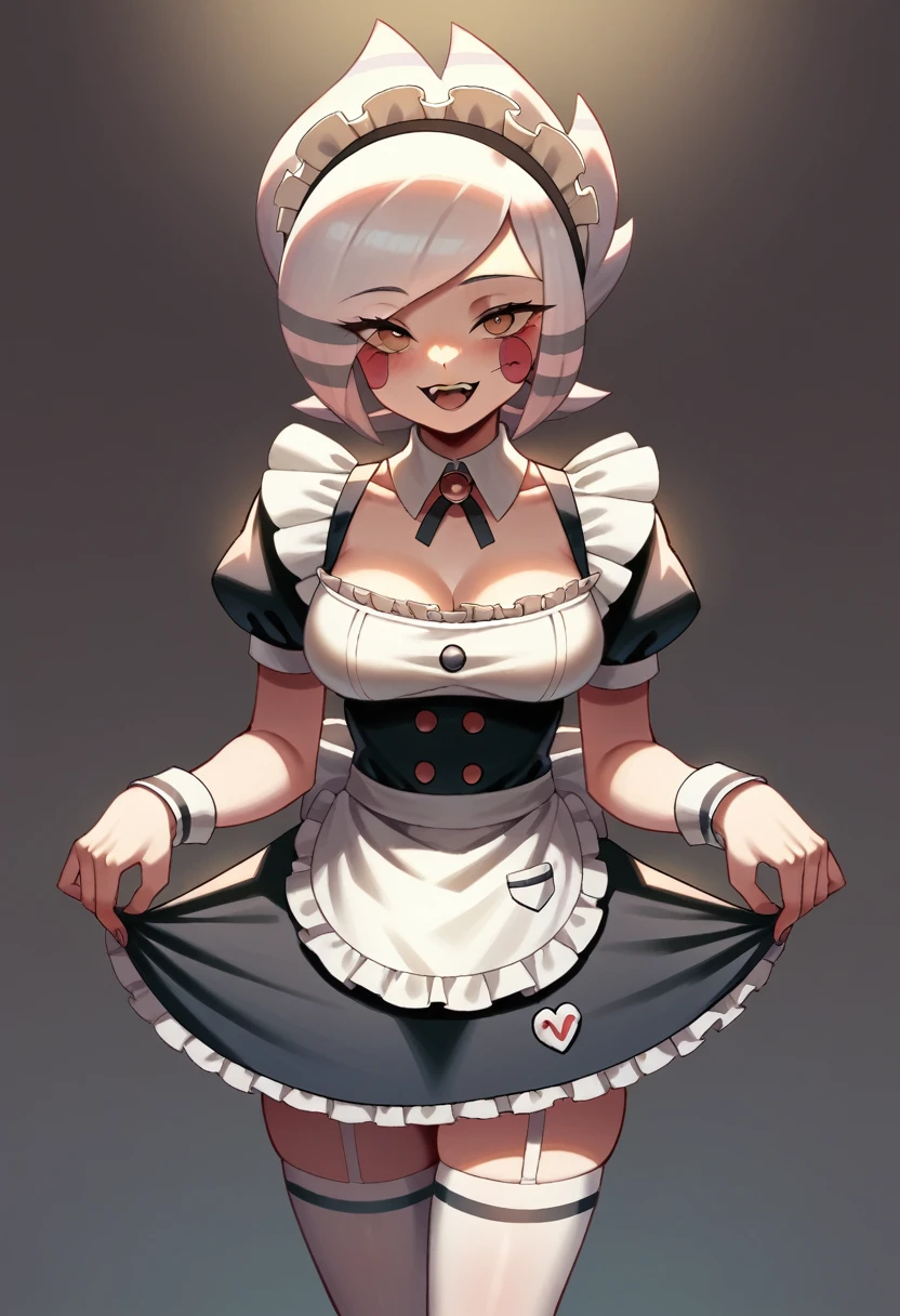 Woman with dark skin, long white hair and cat ears, dressed as a maid and with huge breasts exposed