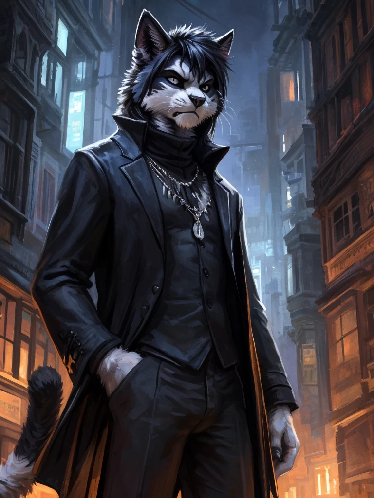  kenket, Ross Tran, ruan jia, trending on artstation, foxovh, Male, (Male anthro cat:1.3), (Black fur with white fur patterns:1.1), (standing:1.3), (Foggy dark city:1.23), (displeased expression:1.3), detailed eyes, black nose, (detailed eyes), (sharp white eyes), detailed background, 8k hd, (dark shadows, wide dynamic range, hdr, low light:1.2), (Lean physique), slight black eyeshadow, (Long wavy black hair), (black long coat, black turtleneck, silver necklace, black dress pants), ((Gothic))