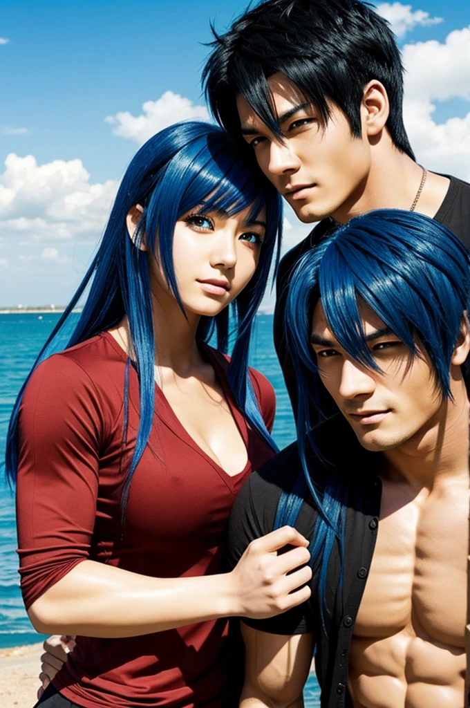 Anime couple: a somewhat muscular man with black hair and a somewhat muscular woman with blue hair