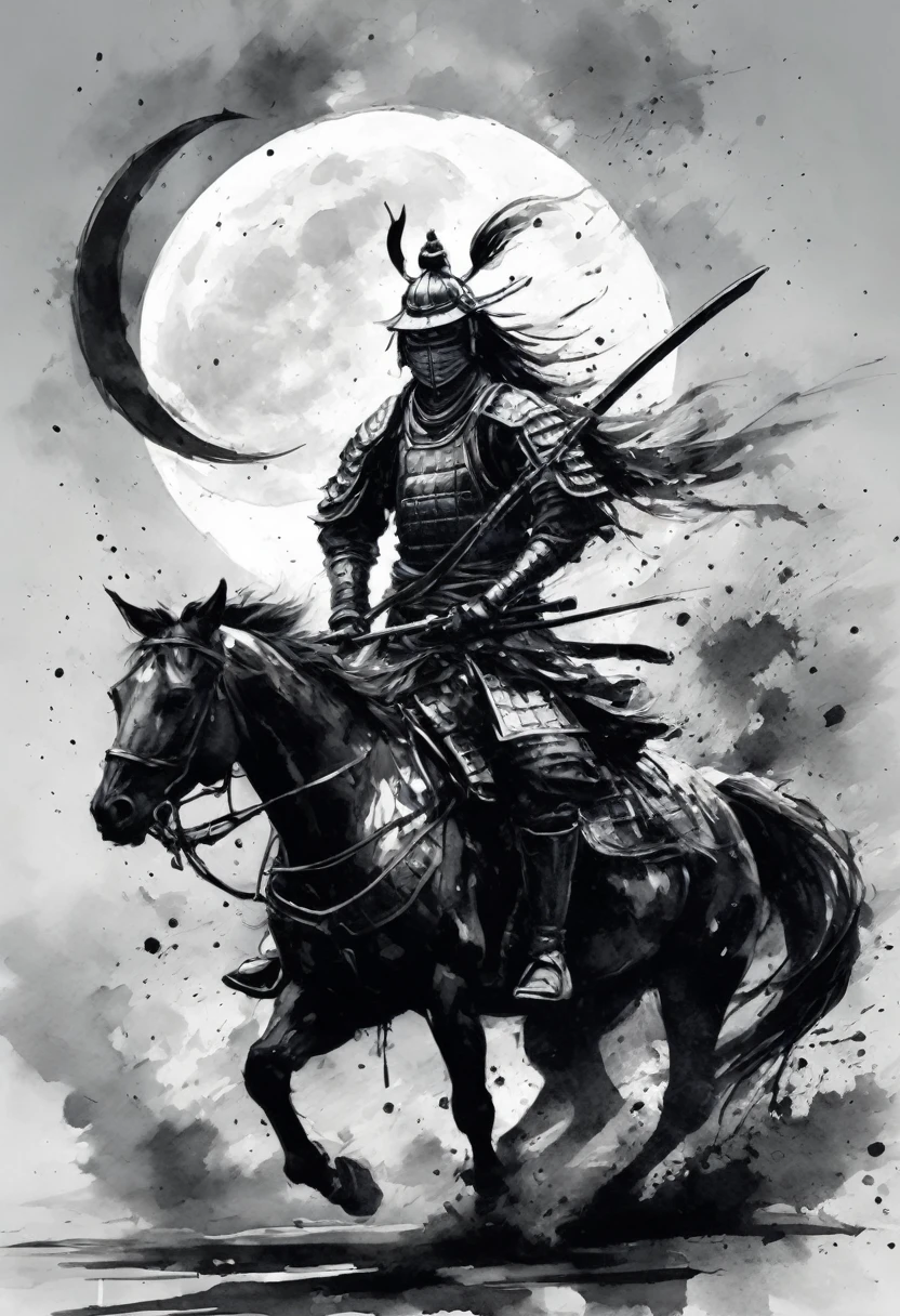 Black and white painting,Ink Painting,Draw a crescent moon with brush splashes,Warrior,(Prajna face mask,samurai armor),Holding a gun,Armored horse,horse riding,