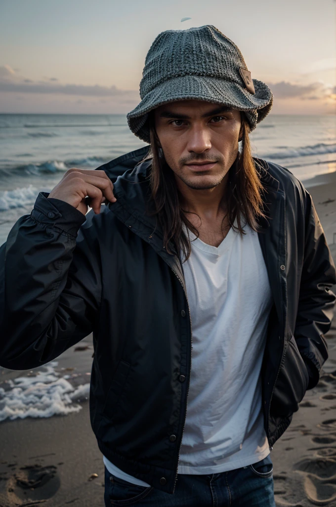 Photo of a man on the beach wearing a cool hat and jacket aged 30