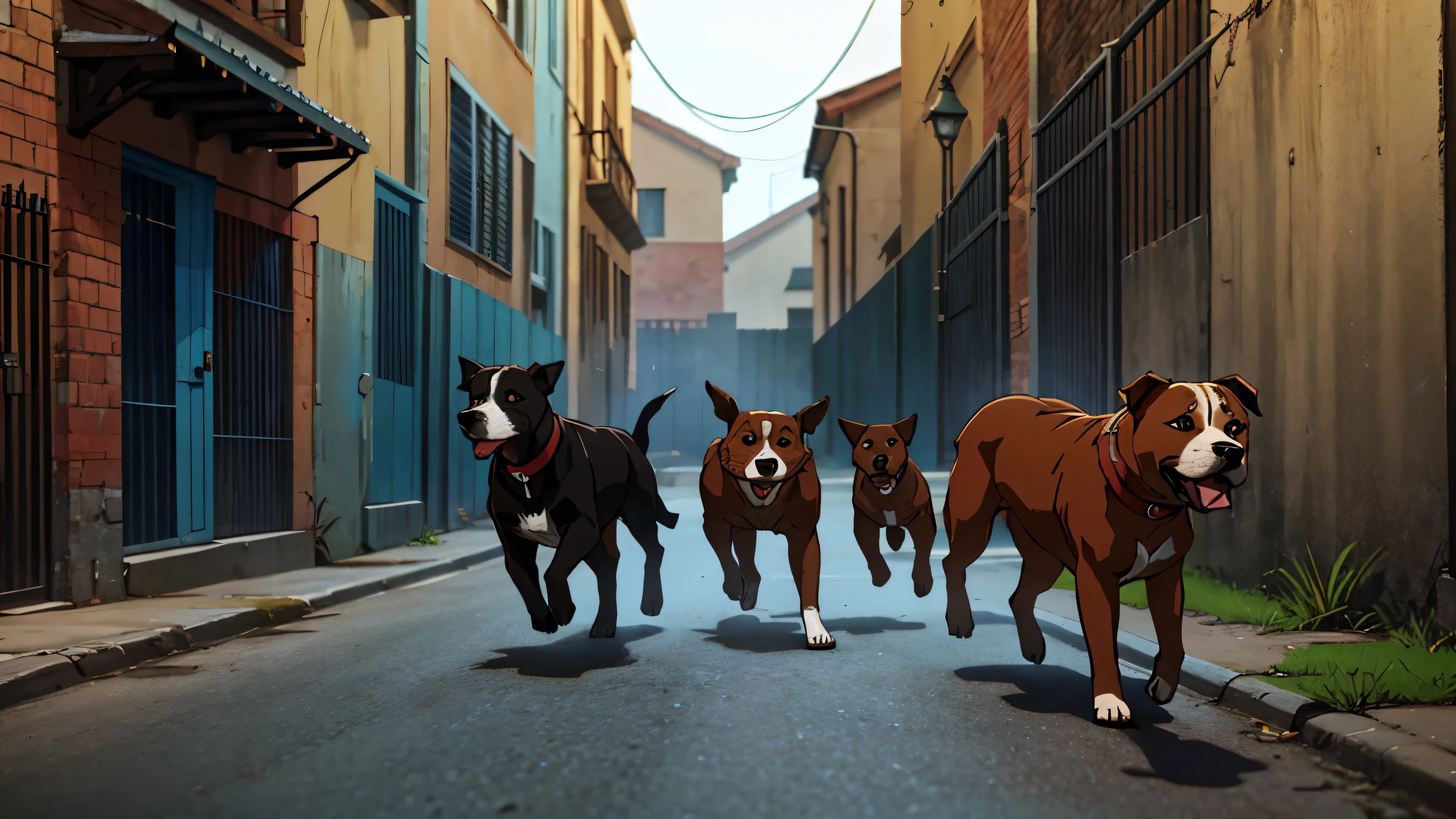 1970s, "pitbull terriers" running down a back alley, cinematic action, atmospheric perspective, depth of field, textured skin, super detail,