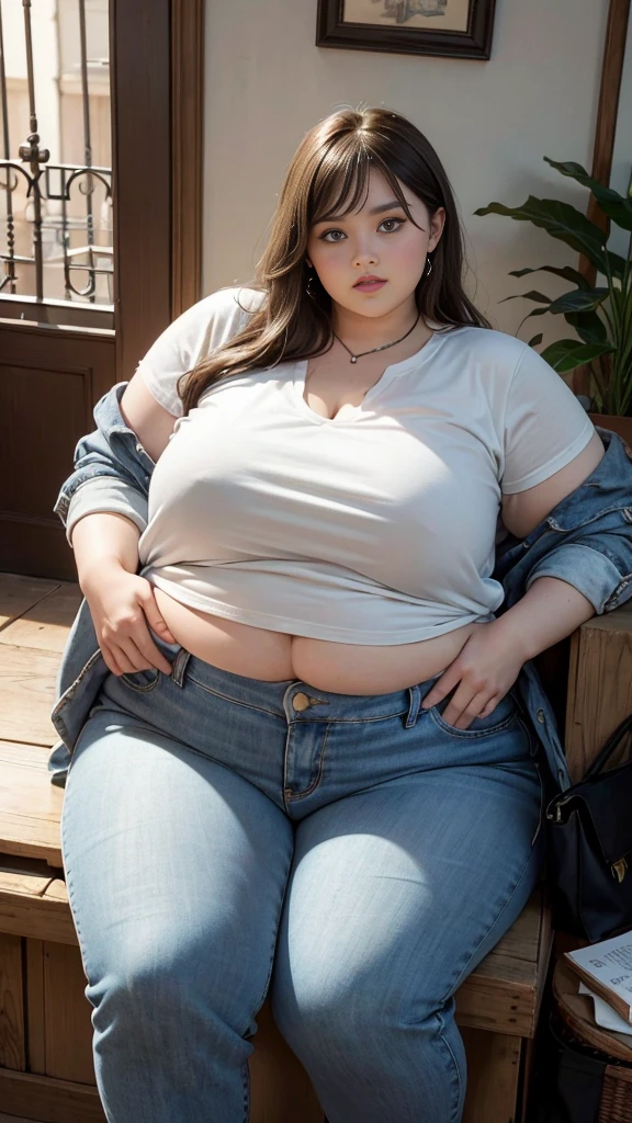 Femme très grosse, assise dans des coussins, Makima, bbwchan, cheveux rouges et yeux jaunes, double menton, elle touche son gros ventre mou et rebondi. Elle porte un short en jean et un haut en dentelle, belle lumière sur elle, magnifique femme obese