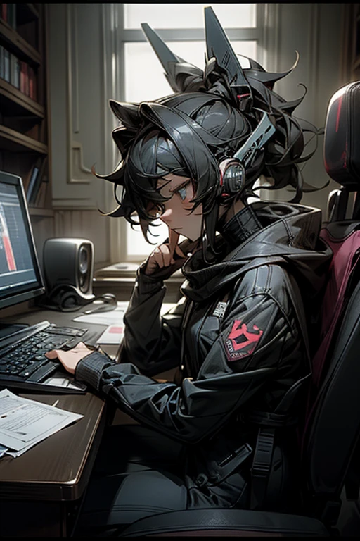 anime style, super fine illustration, highly detailed, dynamic angle, beautiful detailed, 8k, At night, in a dark room, Blake. A woman sits in front of her computer, unable to sleep. BREAK She is wearing a headset with a microphone and holding a video game controller, BREAK She is playing a game.
