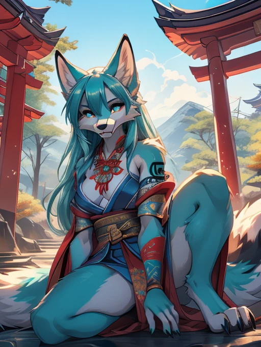 Miku Hatsune x vixen high definition good anatomy add_detail:1, blue fur,kitsune ears, tribal tattoo add_detail:1, cute girl add_detail:1, feudal priestess clothing add_detail:1, japanese shrine landscape add_detail:1, japanese shrine costume add_detail:1, add_detail:1, full body add_detail, highly detailed face, deep aqua iris add_detail:1 lighting eyes add_detail:3, wolf claws, sharp fangs add_detail:1, wild slut add_detail:1
