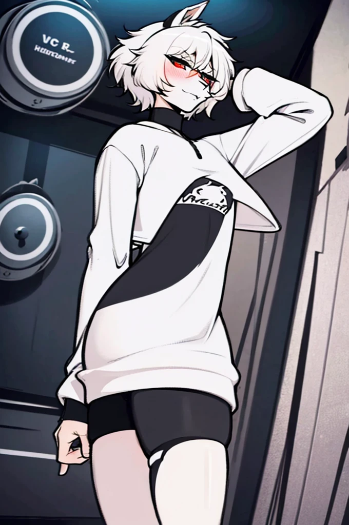 short girl, short white hair, white eyes. dynamic art, oversized sweater, furry bunny, 4k