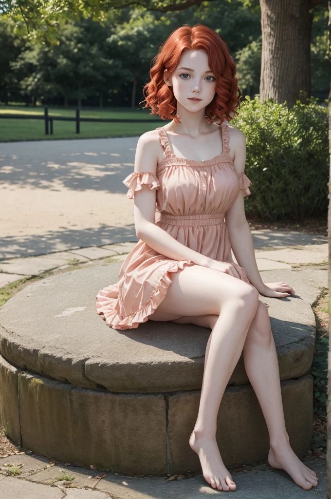 red wavy bob hair, one  girl, pale skin, blue eyes, short frilled peach color dress, barefoot, in the park, sitting portrait, anatomically correct, two arms, two legs