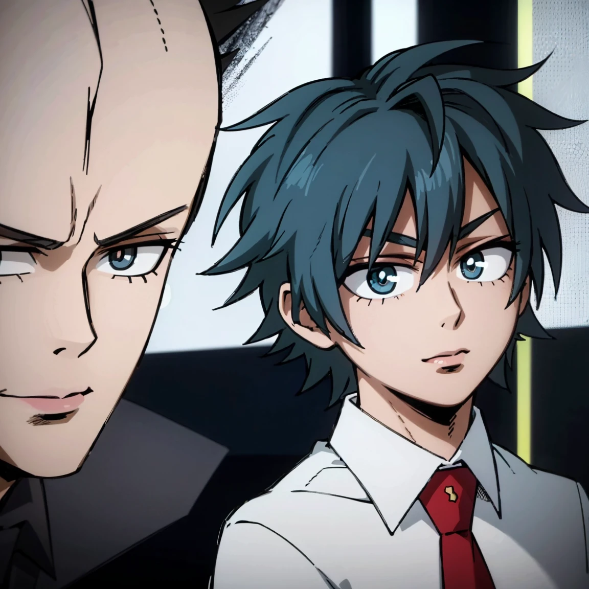 1boy, male focus, solo, muscular body, short hair, messy hair, blue hair, dark blue streaks, pink eyes, gray jacket, red tie, white shirt, teal pants, mlpsonata, MHA Style, Manhwa style, anime style, perfect eyes, perfect face, model face, boy