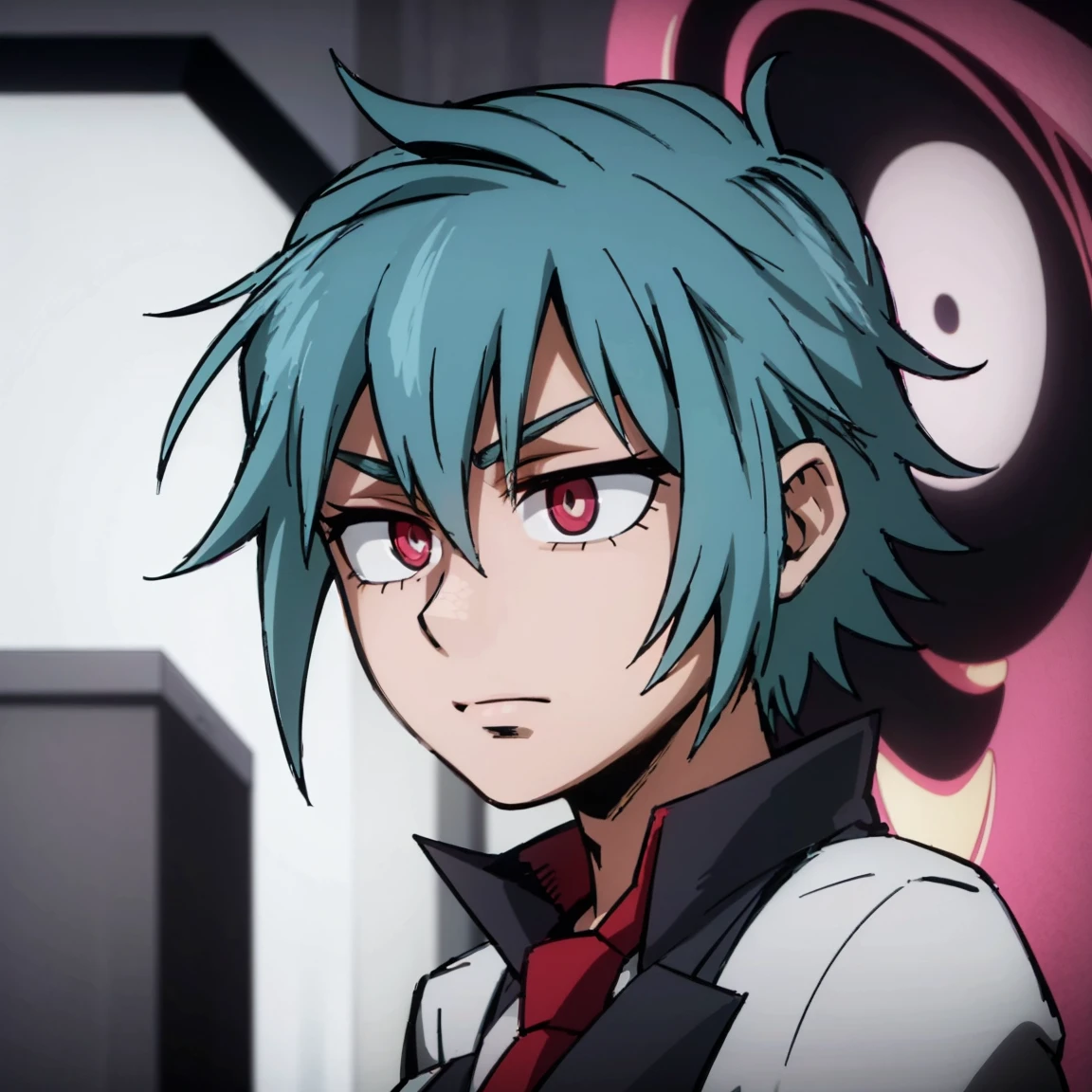 1boy, male focus, solo, muscular body, short hair, messy hair, blue hair, dark blue streaks, pink eyes, gray jacket, red tie, white shirt, teal pants, mlpsonata, MHA Style, Manhwa style, anime style, perfect eyes, perfect face, model face, boy