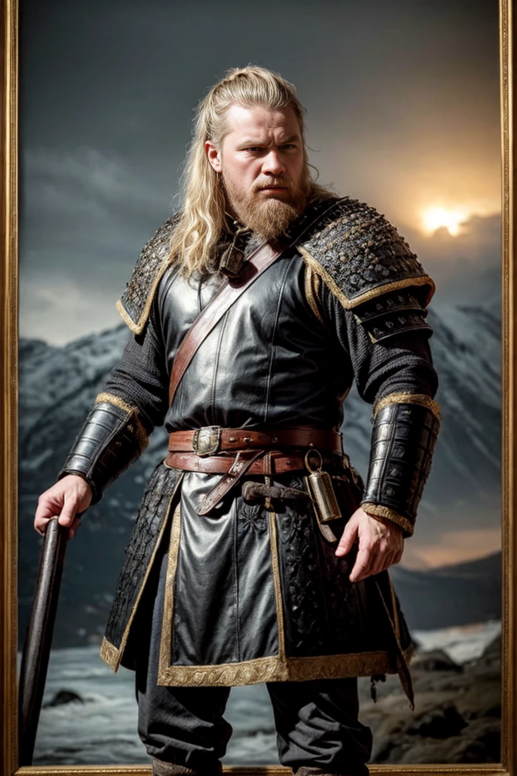 An 18th-century gentleman, an expensive court suit, an epic scene featuring a Viking-inspired man wearing highly detailed armor made of dragon bone, Zoom in on the fine details and capture the military stakes, armor, and general weather conditions, the imposing presence of the Vikings amidst the natural dominion, Imagine the Vikings In a strong stance, looking intently forward, with eyes focused on the camera, angry features with strong focus, An 18th-century oil painting style.