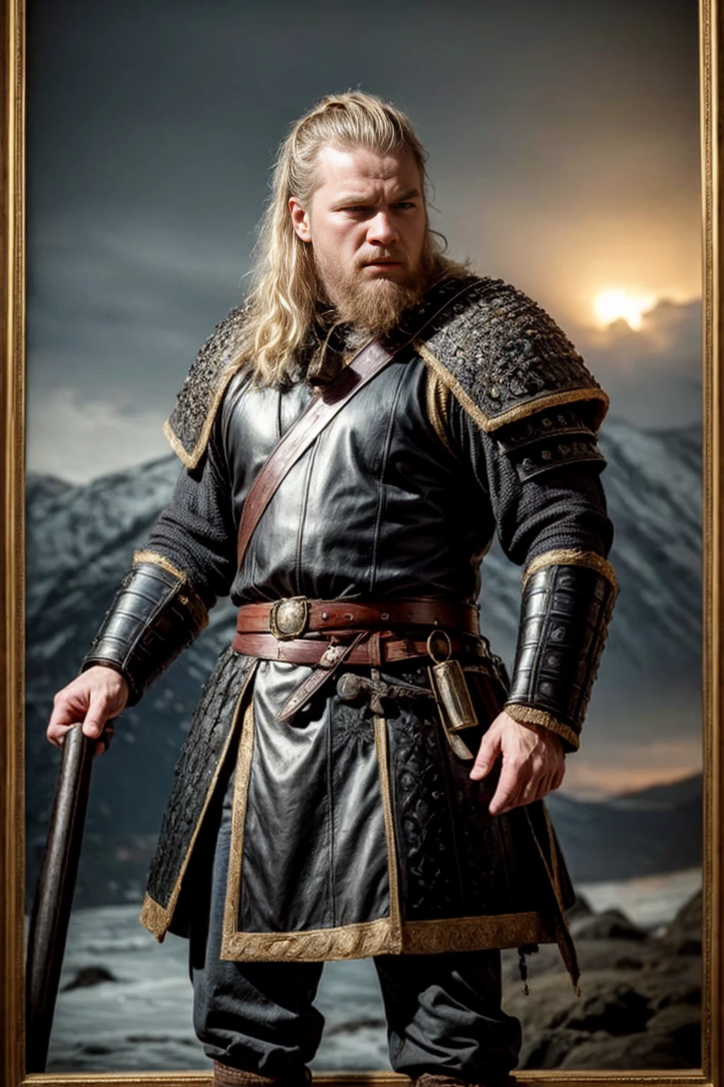 An 18th-century gentleman, an expensive court suit, an epic scene featuring a Viking-inspired man wearing highly detailed armor made of dragon bone, Zoom in on the fine details and capture the military stakes, armor, and general weather conditions, the imposing presence of the Vikings amidst the natural dominion, Imagine the Vikings In a strong stance, looking intently forward, with eyes focused on the camera, angry features with strong focus, An 18th-century oil painting style.