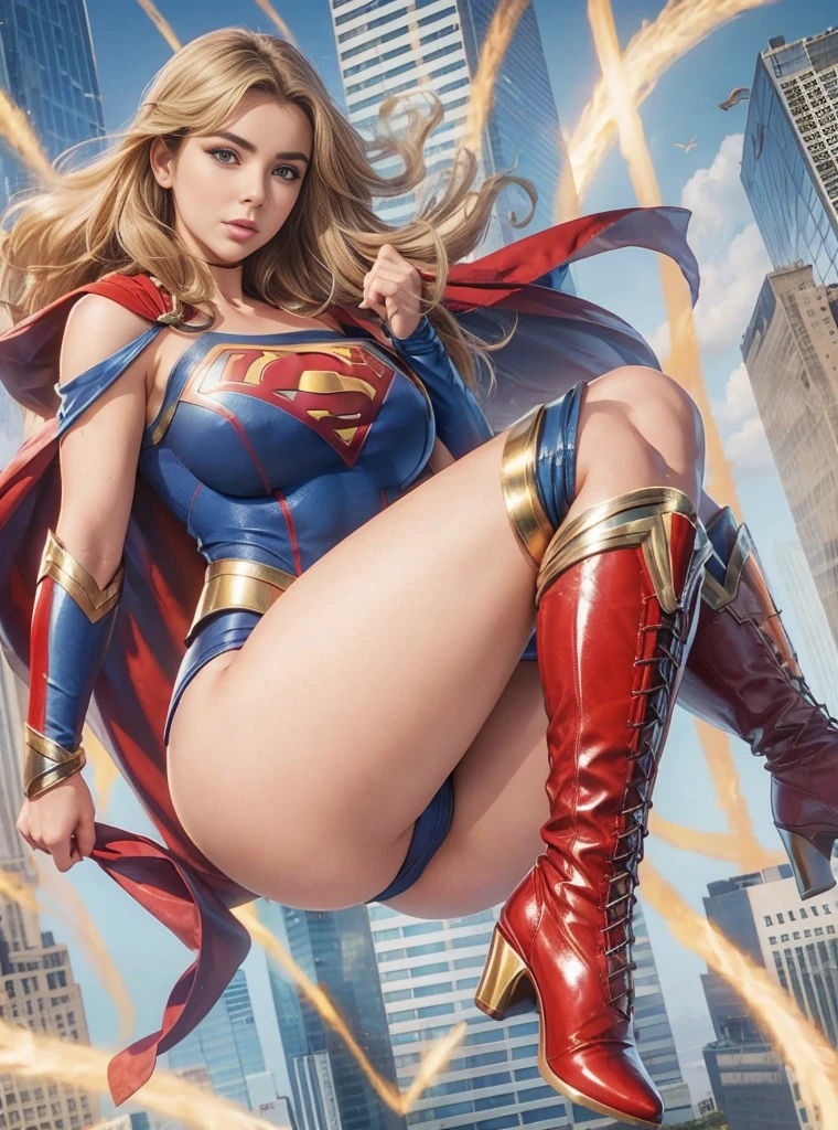 a girl, supergirl, top views, Young Elizabeth Taylor as Supergirl, blond,Long hair,Blue Eyes,Beautiful eyes,Expression,Lively expressions,Detailed facial description,Rich in details,Blue tight camisole,Red s logo on chest, huge breasts, Nipple convexity, Nipple bulges,Huge ass, big legs, plump body,Red triangle thong,High heel boots。Top of a skyscraper,Fly in the air,Rich in details