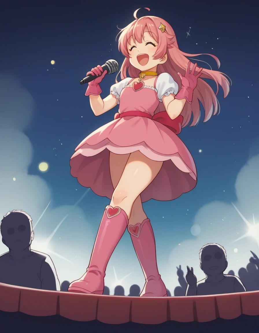 toriyama akira, high res, hoshino ai, from below, star dress, singing, :d, happy, open mouth, stage, concert, stage lights, audience, pink dress, yellow collar, pink gloves, pink thigh boots, crowd, light particles, red heart brooch, (holding microphone:0.9),, masterpiece, best quality, highly detailed
