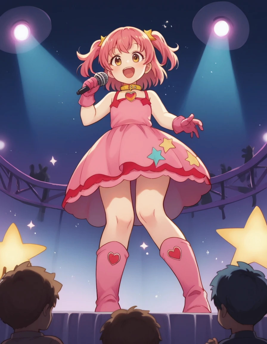 toriyama akira, high res, hoshino ai, from below, star dress, singing, :d, happy, open mouth, stage, concert, stage lights, audience, pink dress, yellow collar, pink gloves, pink thigh boots, crowd, light particles, red heart brooch, (holding microphone:0.9),, masterpiece, best quality, highly detailed
