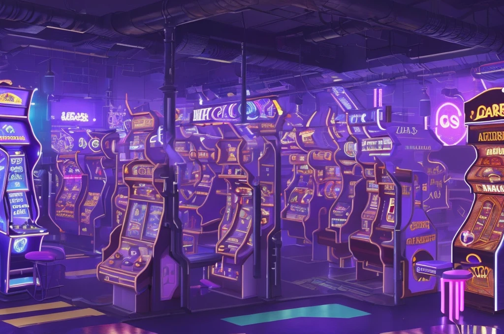 make an arcade, at night with several games and vibrant purple, pink, neon green colors, and there is only one girl alone in the scene playing, she is right in the background of the image with her back image with late night aesthetics wide image