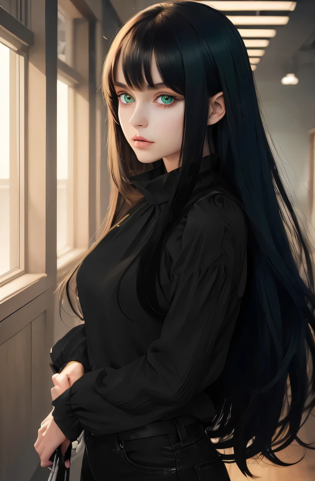 work of art、maximum quality、high resolution、high-quality images、8K, anime girl, standing alone, blackquality hair, long hair, winter clothing, gorgeous green eyes, well drawn eyes, long black pants, blusa de algodão preta de manga comprida com styled risca estofado, tall woman, period clothes, thick blouse with high neck, blouse over pants very straight hair, very green eyes, Good clothes, Men'styled, voluptuous body, medieval fantasy, recatada, long clothing, black backdrop