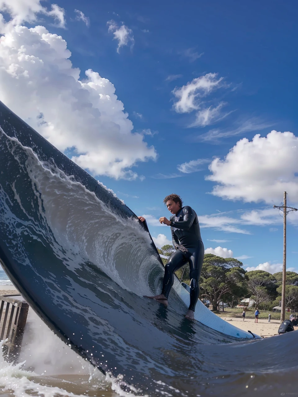 Make him with wetsuit surfing at uruguay cerro verde beach with his feet on a Surf Board color red
High quality hd