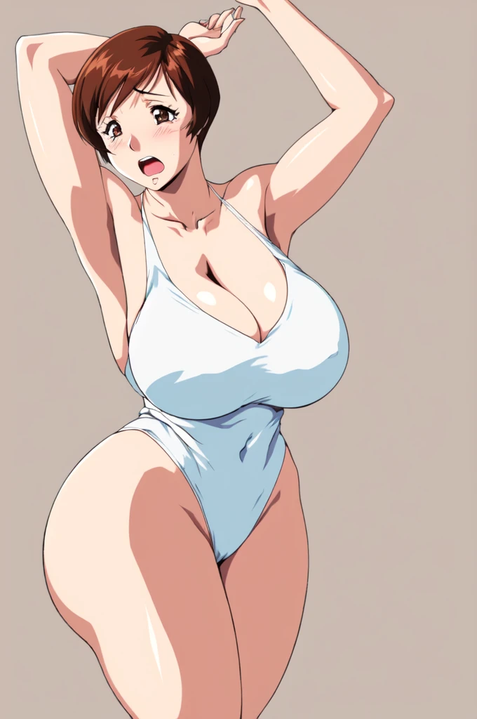 masterpiece, highest quality, High resolution, One girl, solo, sexual intercourse, Pornographic images, short hair, etsukoto, brown Eyes, fine grain, fine grain, (((Thick thighs, Plump thighs, Voluptuous thighs, Thighs alone are enough))), Huge and ample breasts, Cleavage, big long breasts, Naughty big,((big breasts are important))、((Naughty thighs)), L Cup, (thin:1.4),(Tight waist:1.4), (white swimsuit:1.4), anguish, open mouth, blush, (((Simple Background))), ((Wide Hips)), Shiny, Oily skin, Mature mother, Calf, Seductive mature woman, milf, Perfect body, Plus Size Model, curvy, ample, etsukoto, blush, clavicle, retro artstyle, 1990s (style), (thick thighs:1.4), bursting breast, arms up, from side,