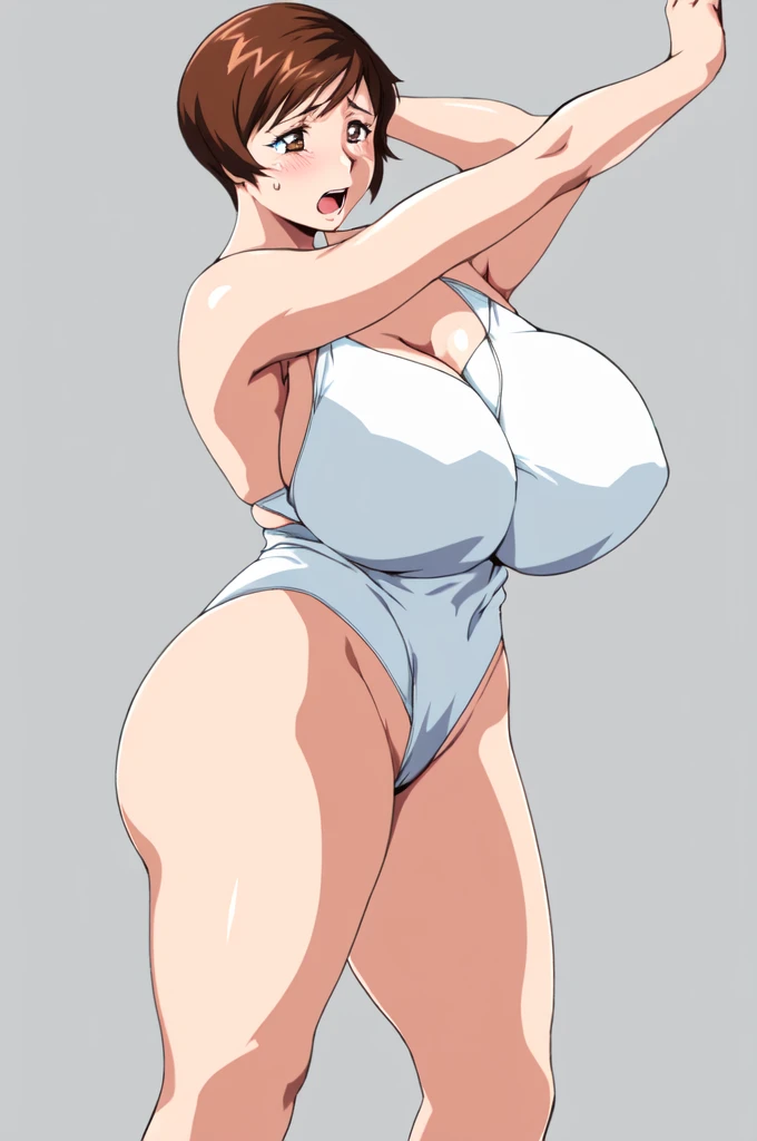 masterpiece, highest quality, High resolution, One girl, solo, sexual intercourse, Pornographic images, short hair, etsukoto, brown Eyes, fine grain, fine grain, (((Thick thighs, Plump thighs, Voluptuous thighs, Thighs alone are enough))), Huge and ample breasts, Cleavage, big long breasts, Naughty big,((big breasts are important))、((Naughty thighs)), L Cup, (thin:1.4),(Tight waist:1.4), (white swimsuit:1.4), anguish, open mouth, blush, (((Simple Background))), ((Wide Hips)), Shiny, Oily skin, Mature mother, Calf, Seductive mature woman, milf, Perfect body, Plus Size Model, curvy, ample, etsukoto, blush, clavicle, retro artstyle, 1990s (style), (thick thighs:1.4), bursting breast, arms up, from side,