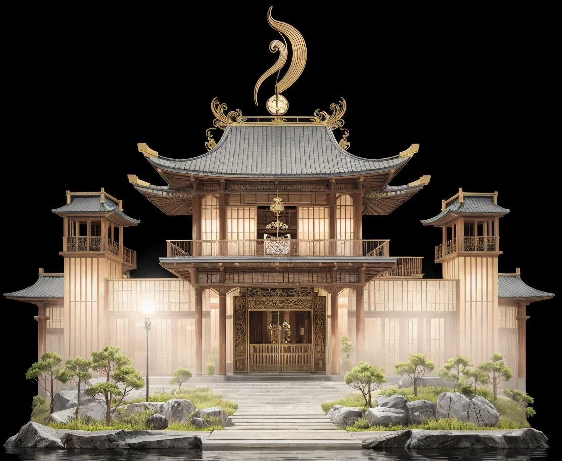 illustration of a chinese building with a clock on top, temple background, background depicting a temple, zen temple background, artwork in the style of z.w. gu, digital painting of a pagoda, cyberpunk chinese ancient castle, temple, 2d game asset, mysterious temple setting, onmyoji detailed art, a temple, 2 d game environment design