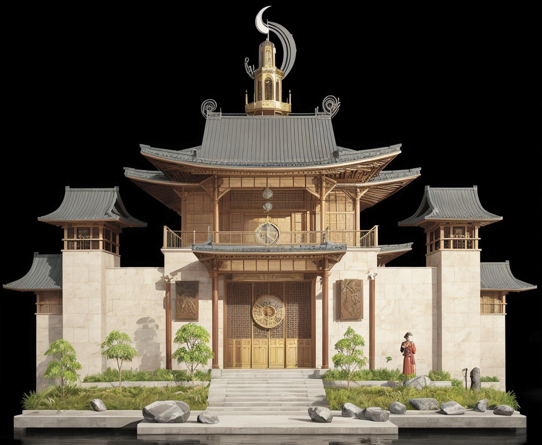 illustration of a chinese building with a clock on top, temple background, background depicting a temple, zen temple background, artwork in the style of z.w. gu, digital painting of a pagoda, cyberpunk chinese ancient castle, temple, 2d game asset, mysterious temple setting, onmyoji detailed art, a temple, 2 d game environment design