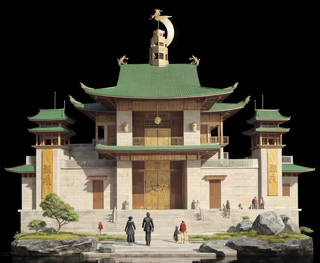 illustration of a chinese building with a clock on top, temple background, background depicting a temple, zen temple background, artwork in the style of z.w. gu, digital painting of a pagoda, cyberpunk chinese ancient castle, temple, 2d game asset, mysterious temple setting, onmyoji detailed art, a temple, 2 d game environment design